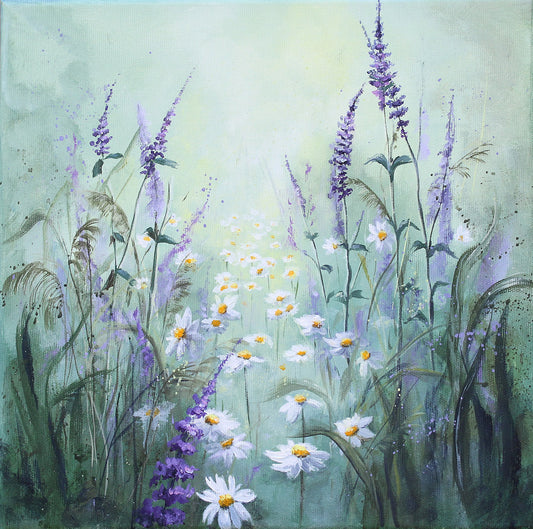 Painting of wildflowers with daisies and lavender on a green background