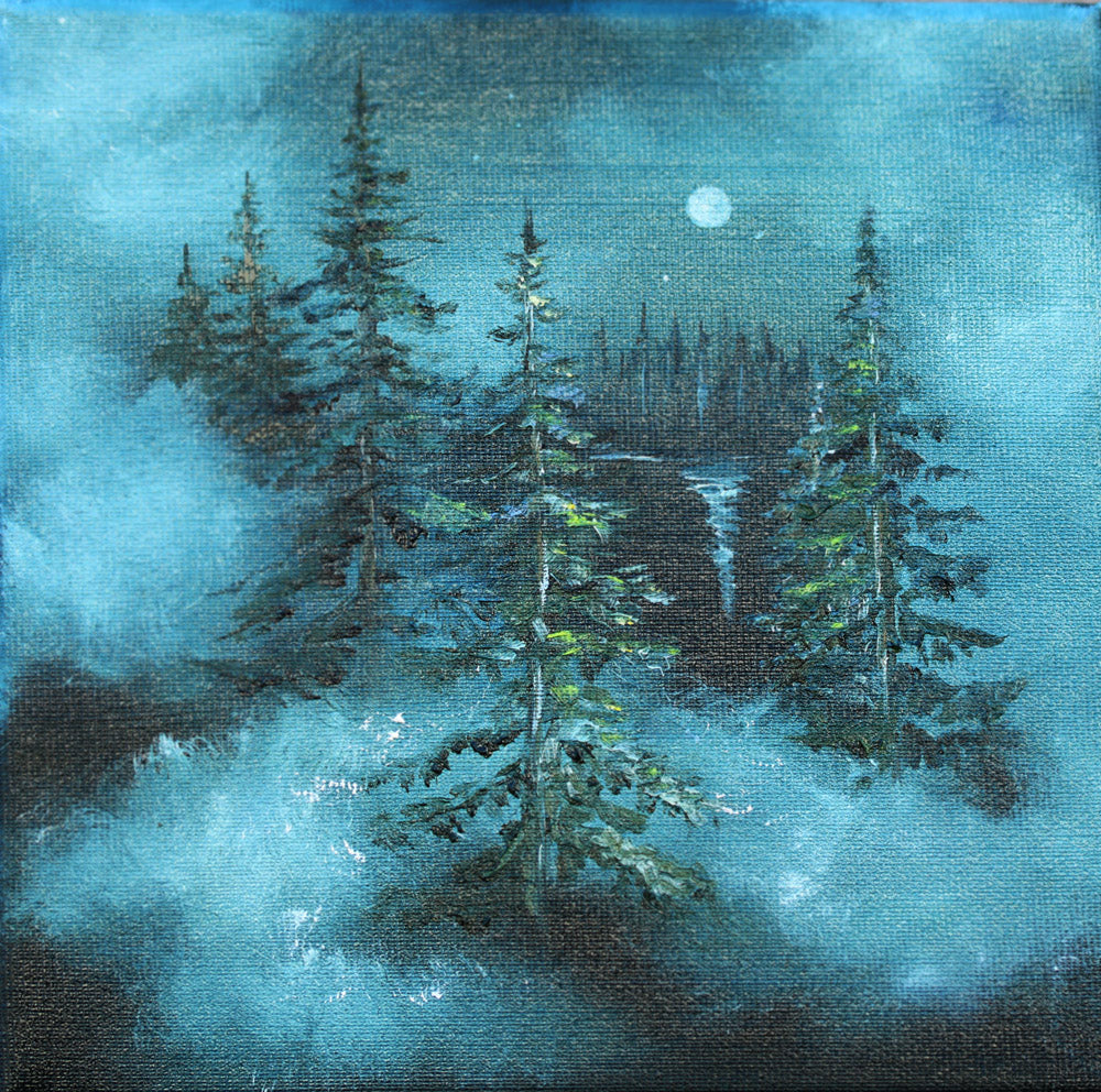 Painting of a forest scene with trees under a moonlit sky.