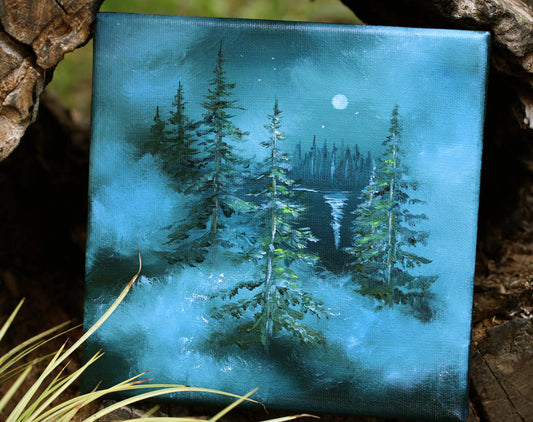 Canvas painting of a forest scene with trees and a moonlit sky