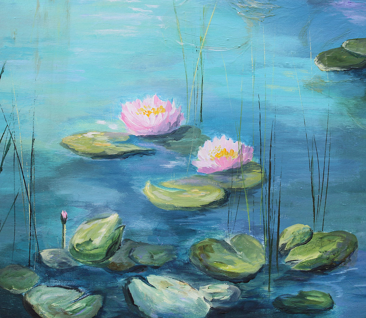 Painting of water lilies on a pond with green leaves and pink flowers.