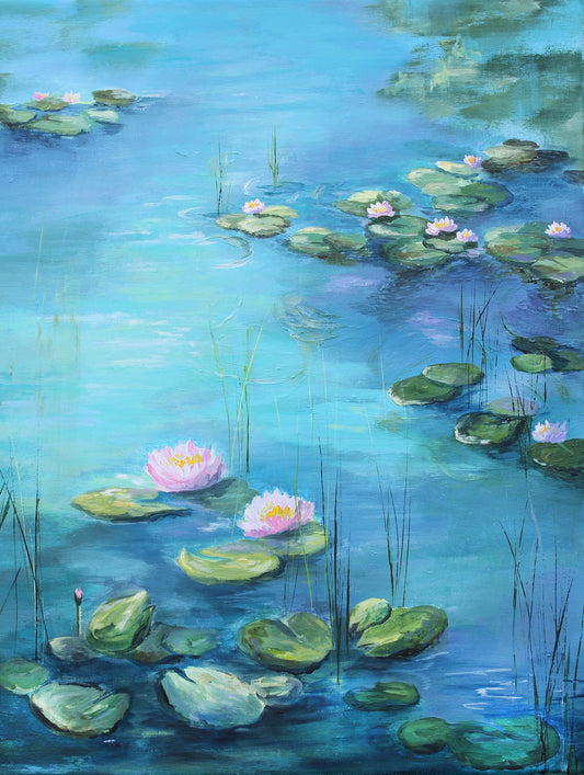 Painting of water lilies on a blue pond monet style