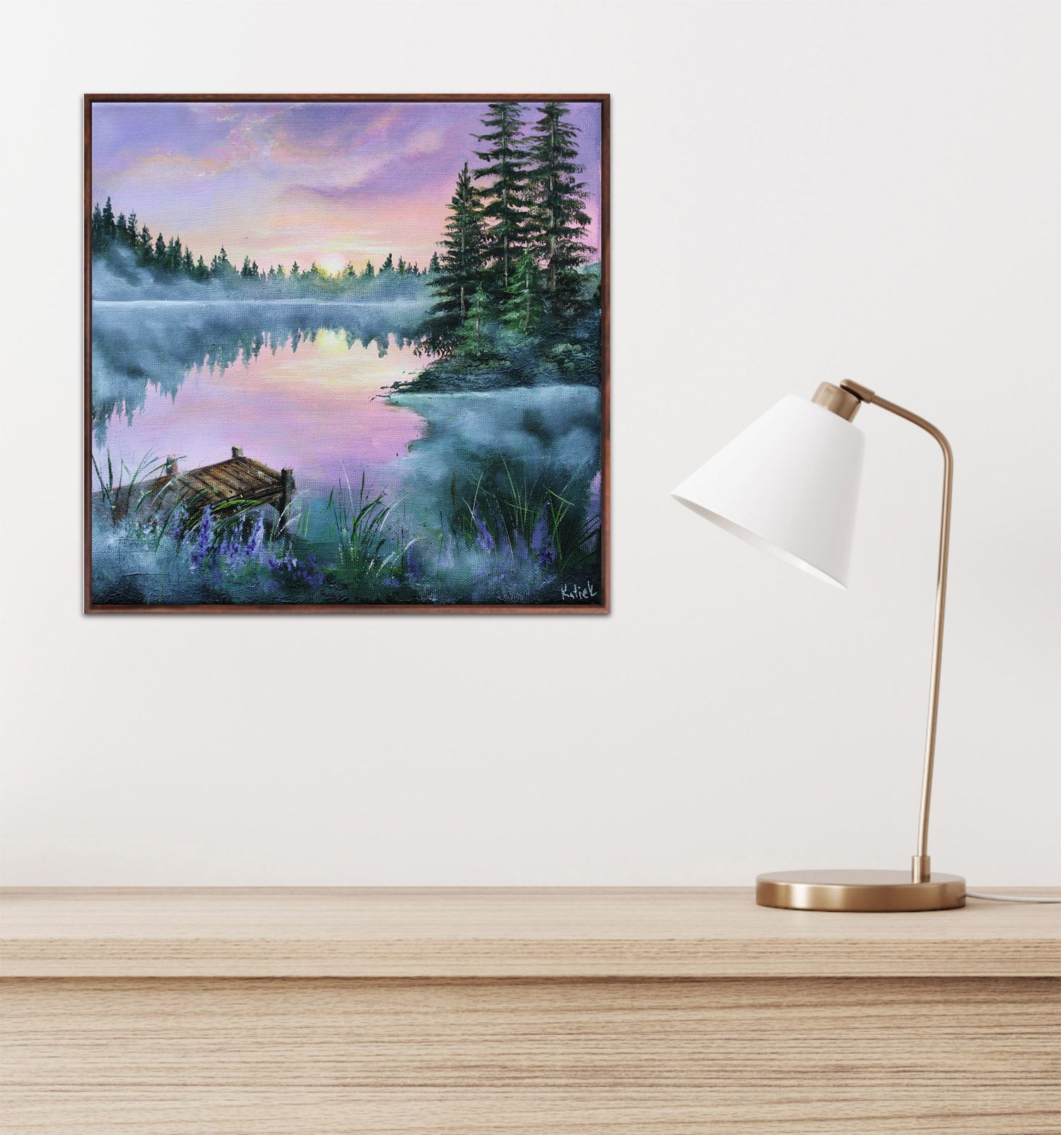 Misty lake landscape artwork with soft pink and purple sunset reflections and quiet forest shoreline