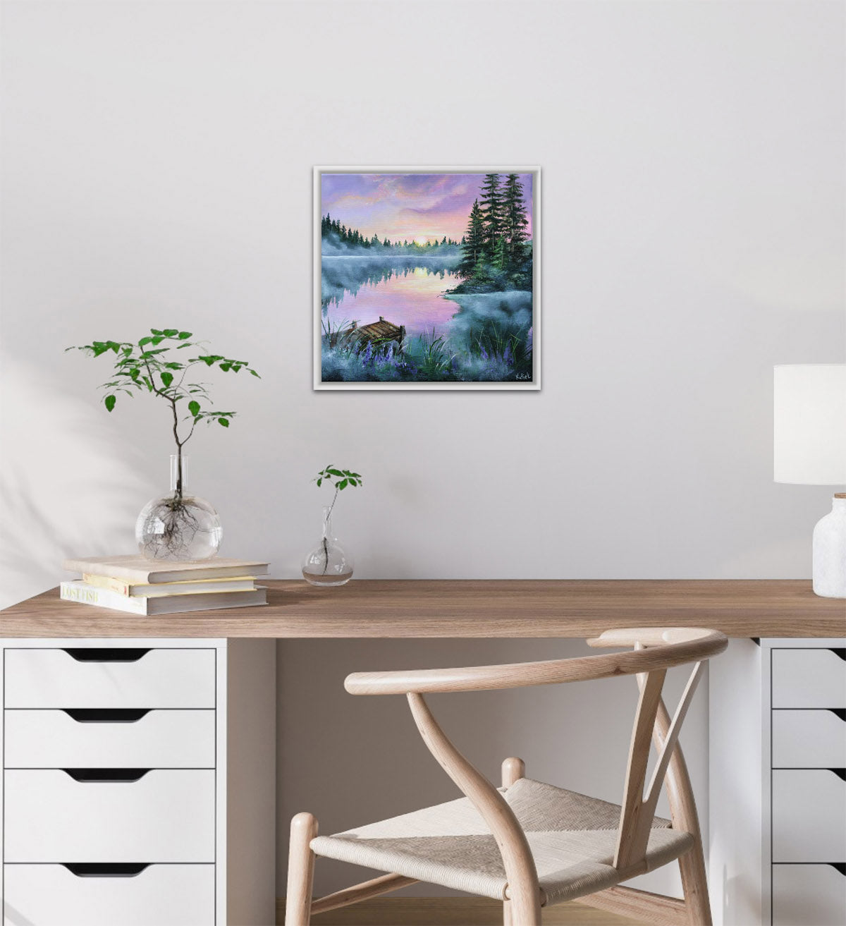 Nature-inspired wall art with serene forest lake and evening light, perfect for cabin or cozy home decor.