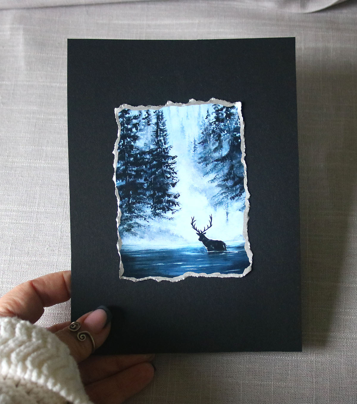 Elk in the water with dark forest artisan print