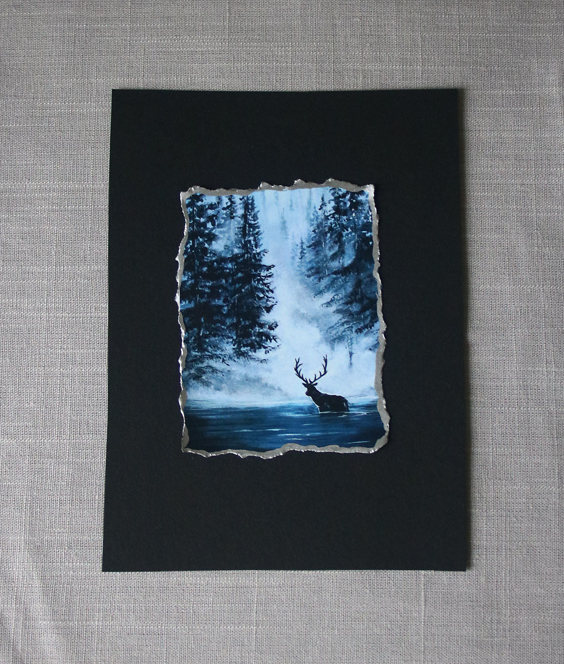 Elk in the water with dark forest artisan print