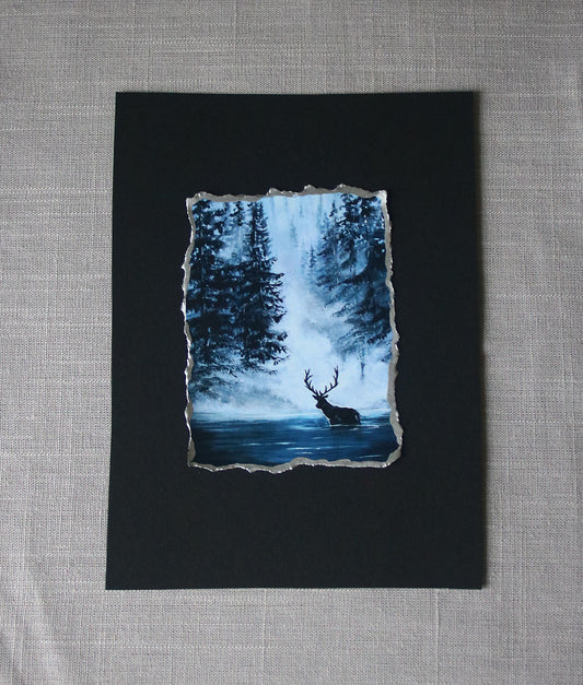 Elk in the water with dark forest artisan print