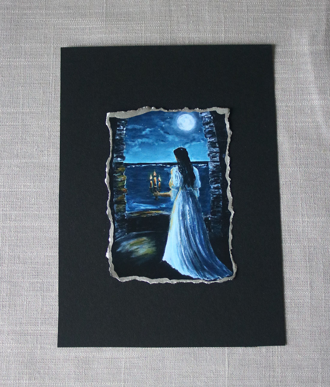 Artistic depiction of a woman in a blue dress standing by a window at night, with a full moon visible.