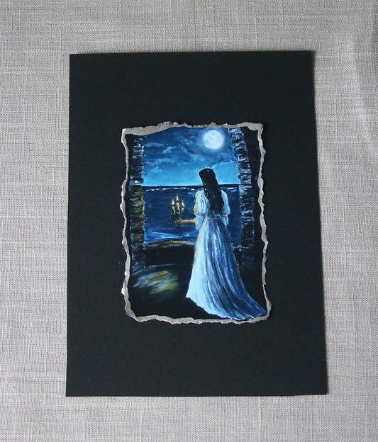 Artistic depiction of a woman in a blue dress standing by a window at night, with a full moon visible.