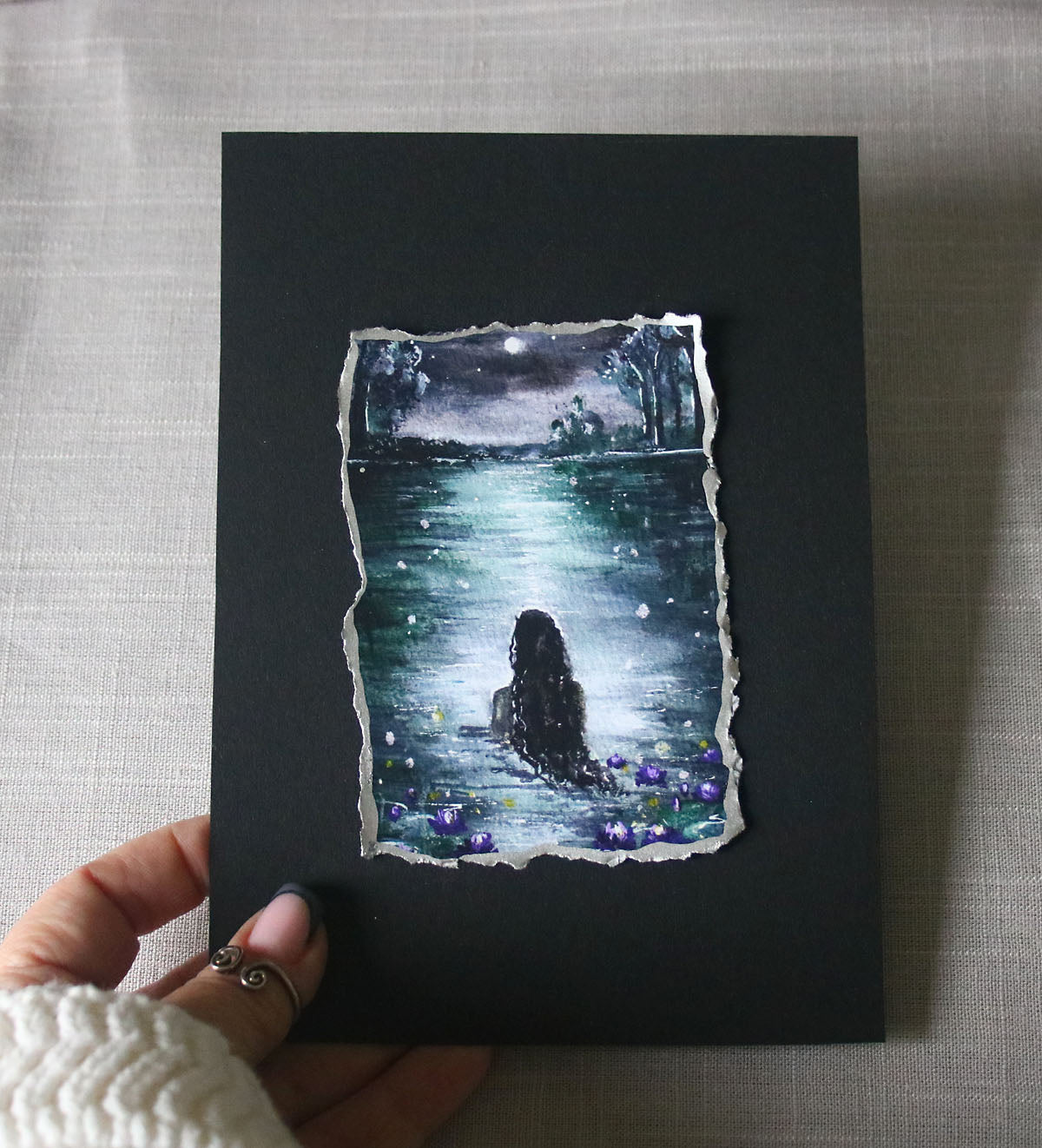 Night scene with Moon and siren in water mystical artisan print