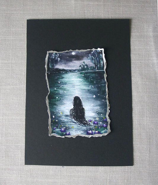 Night scene with Moon and siren in water mystical artisan print