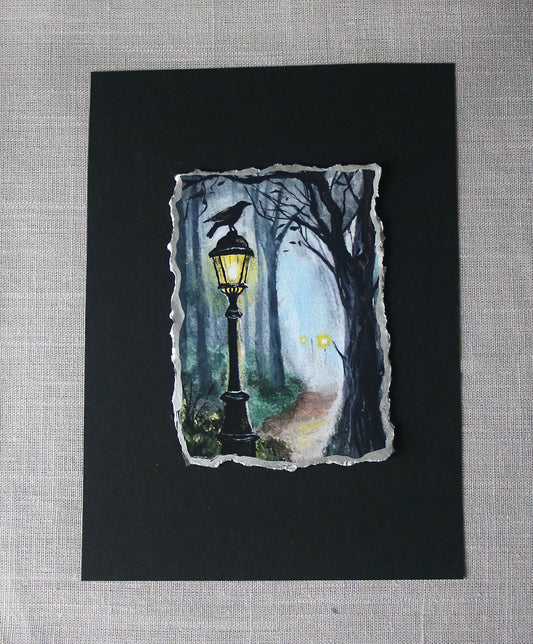 Black raven on a lantern artisan print