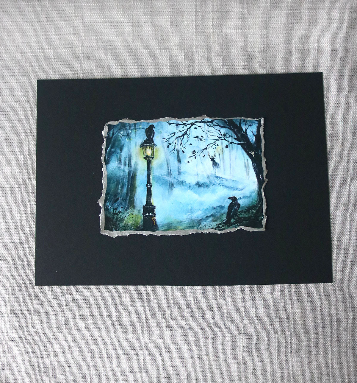 Black ravens in mystical scene with Algiz rune painting print