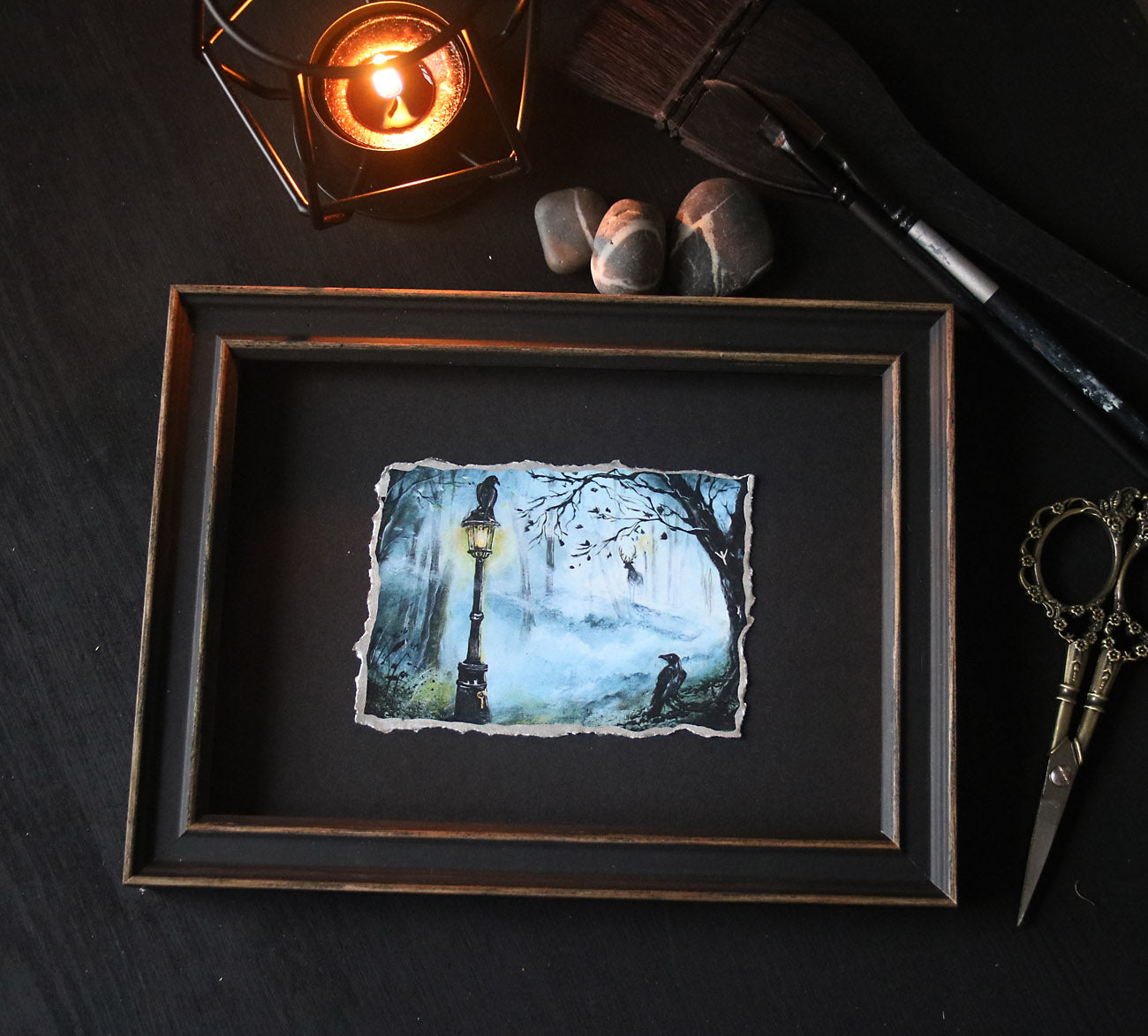 Black ravens in mystical scene with Algiz rune painting print