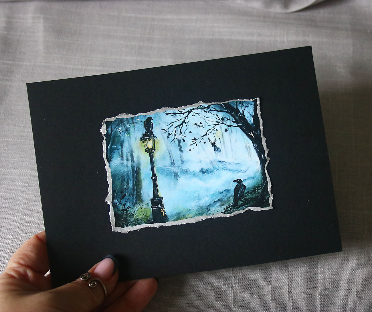 Black ravens in mystical scene with Algiz rune painting print