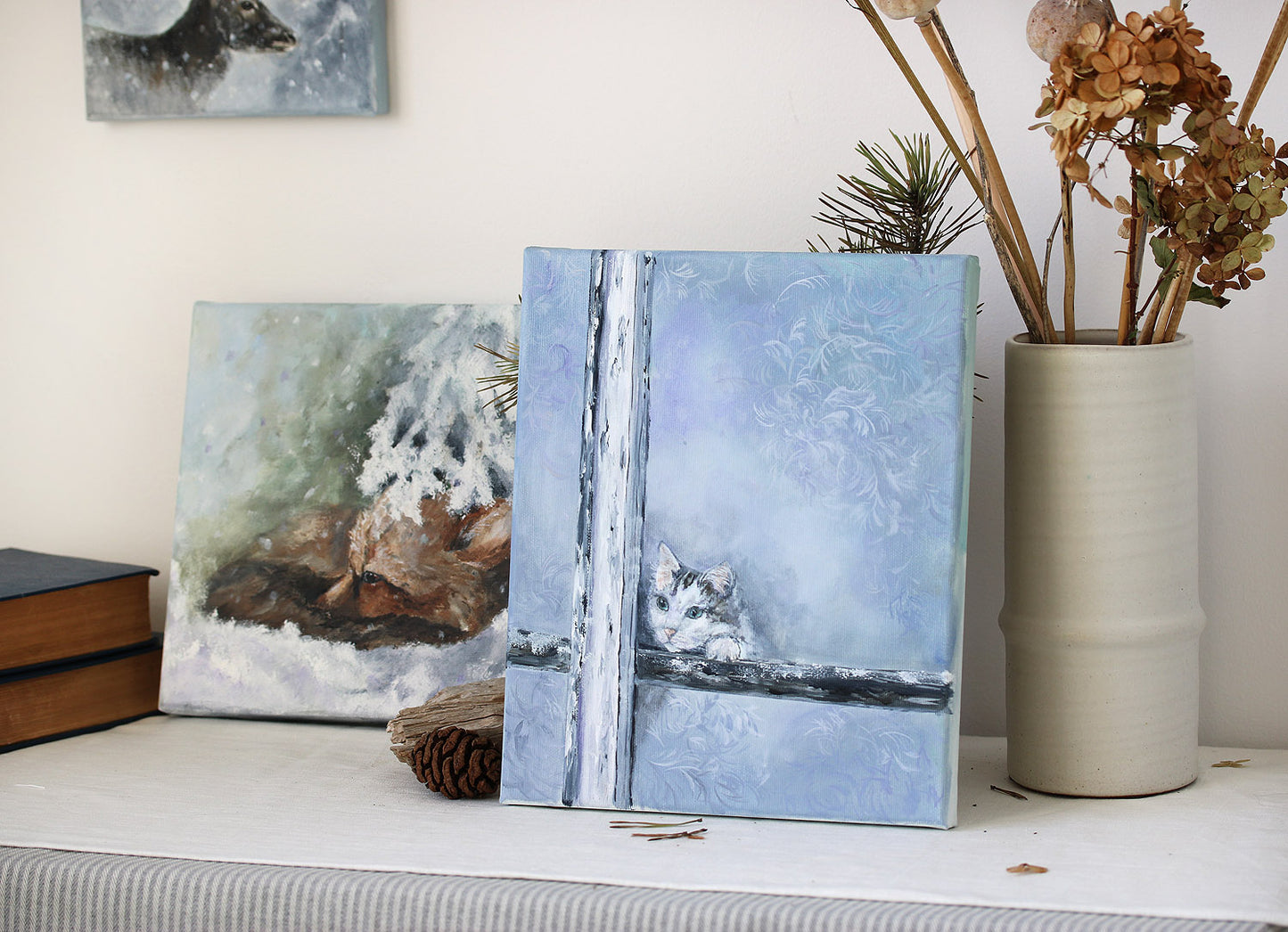 Cat peeking through a frost-covered window original painting