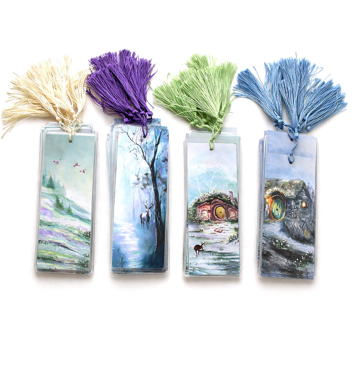Illustrated art bookmarks with laminated finish and tassels