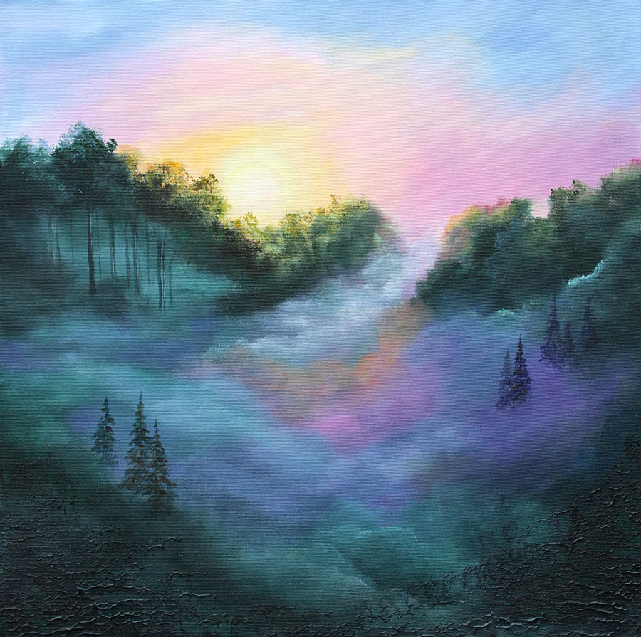 Sunset in the misty forest fine print
