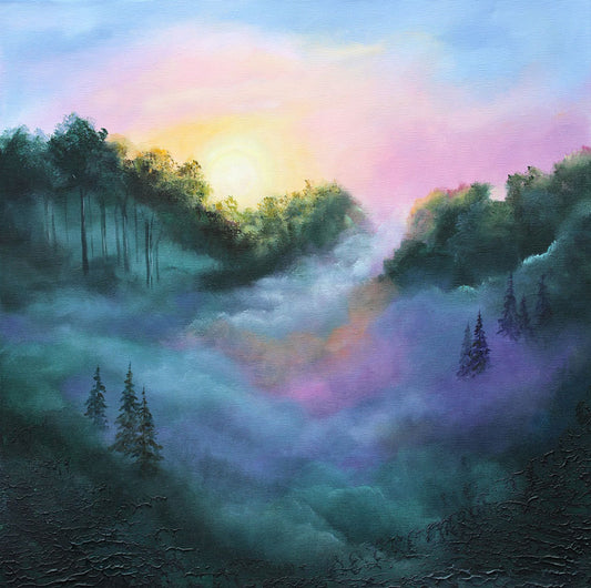 Sunset in the misty forest fine print
