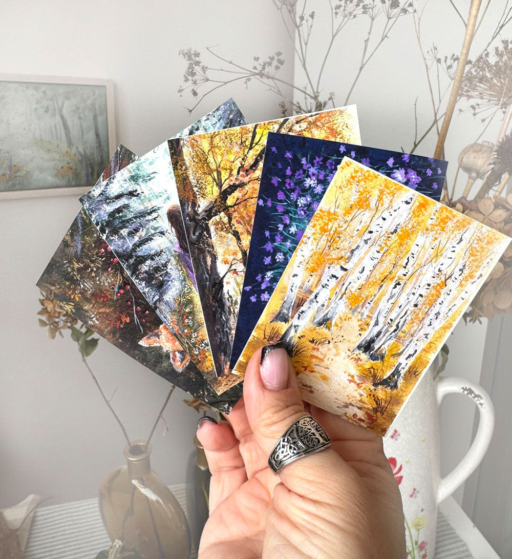 Set of five autumn-themed ACEO artworks