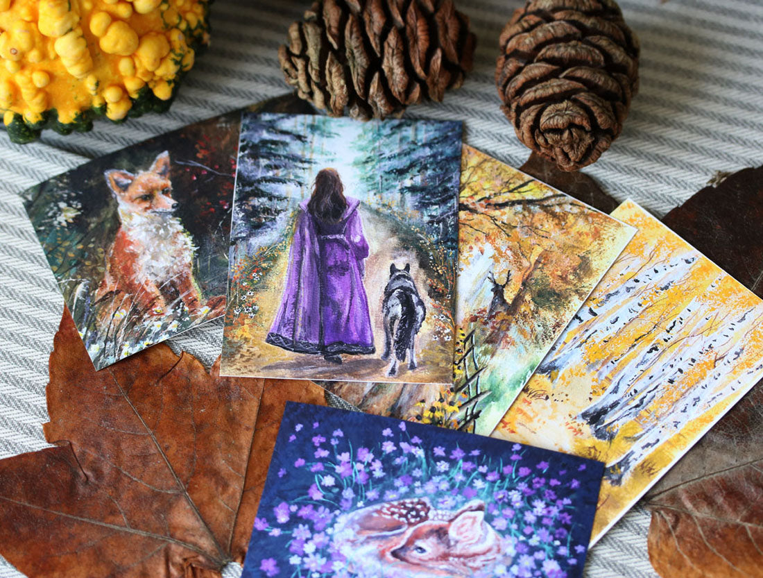 Set of five autumn-themed ACEO artworks