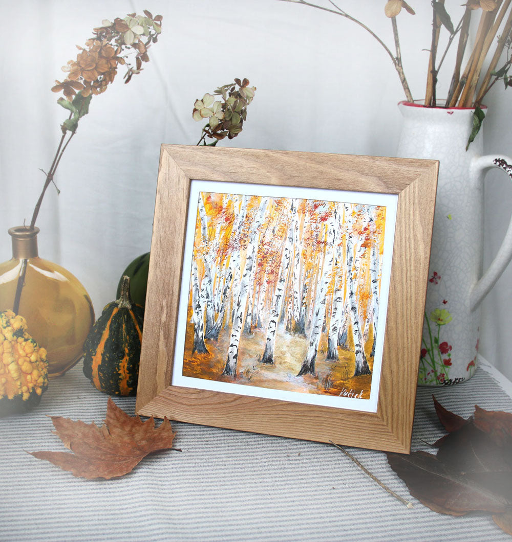 Framed original painting of golden birch tree forest 