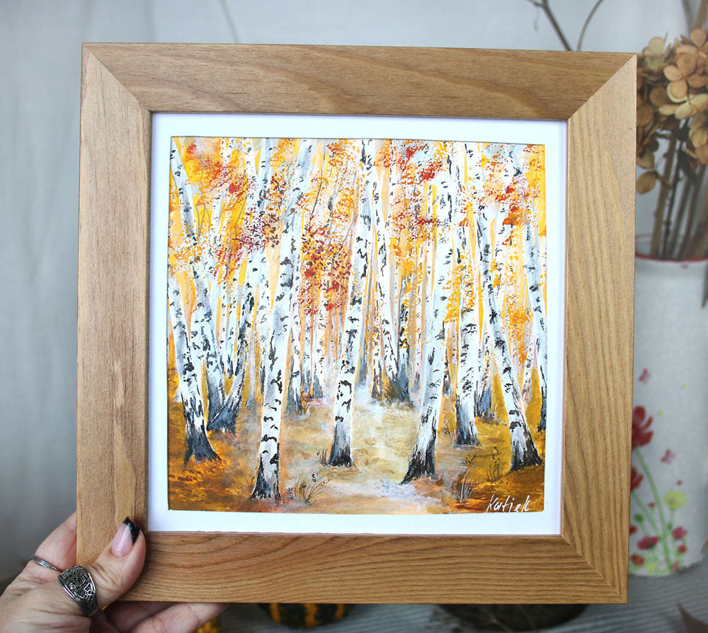Framed original painting of golden birch tree forest 