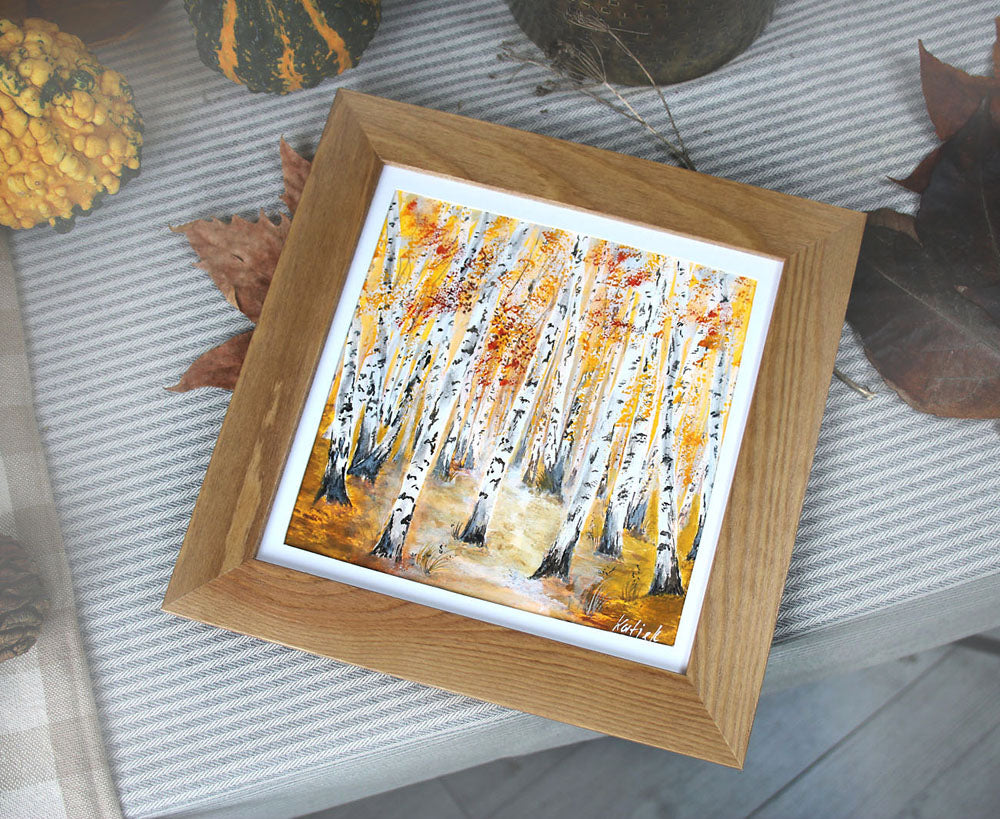 Framed original painting of golden birch tree forest 