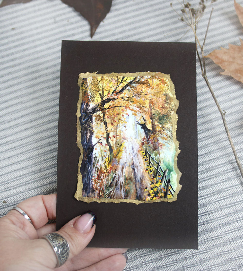Autumn forest art print with golden hand decked edge