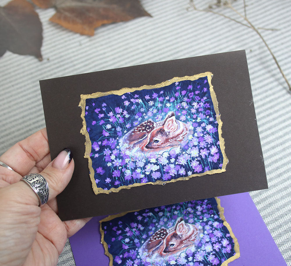 Baby Deer Among the Violets – Hand-Deckled Artisan Mini Print