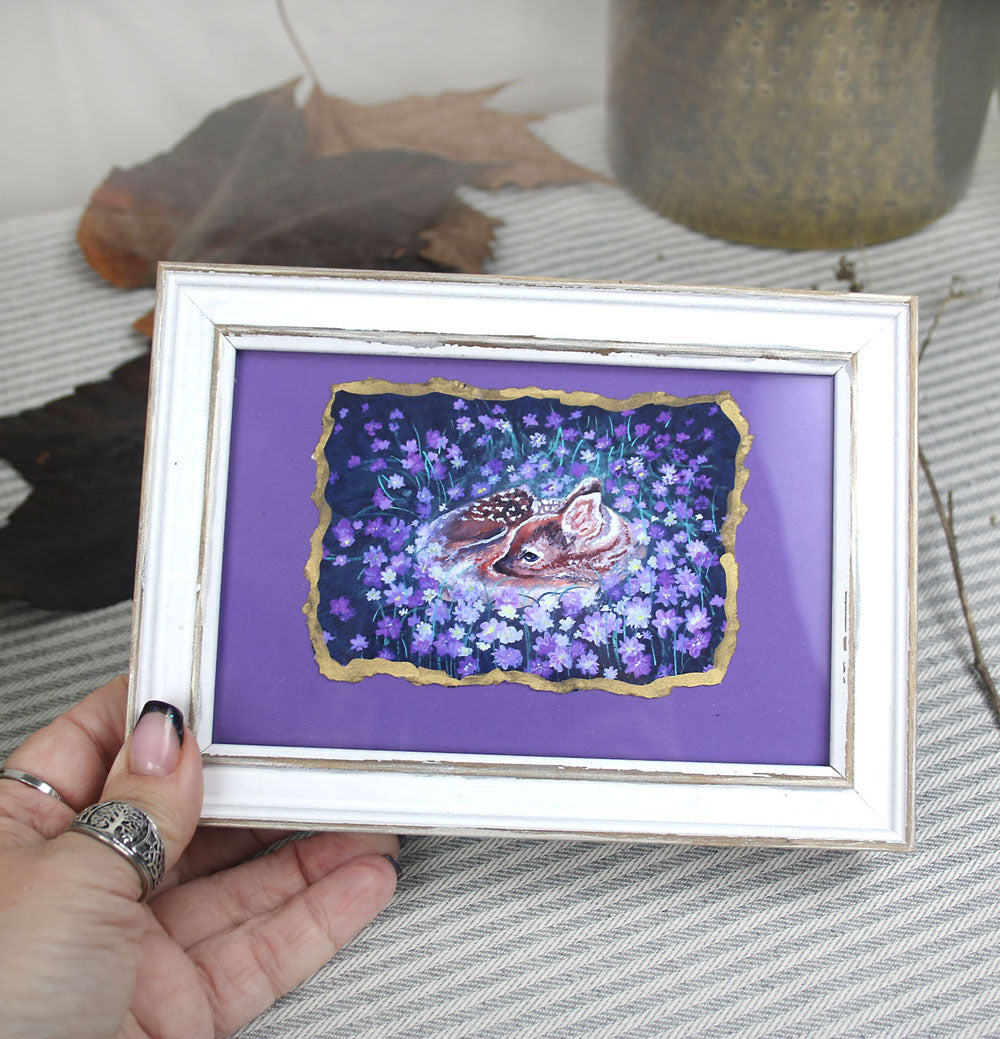 Baby Deer Among the Violets – Hand-Deckled Artisan Mini Print