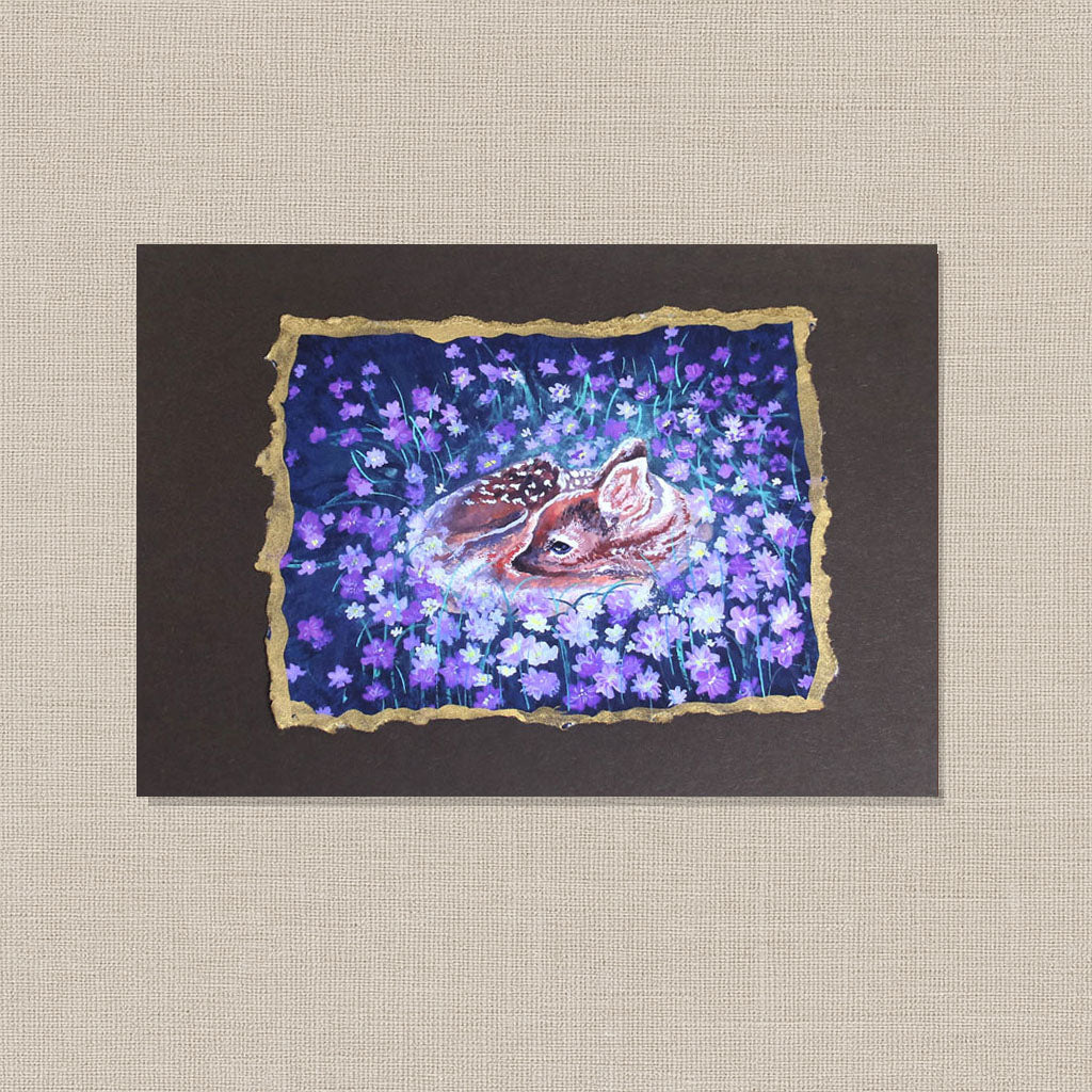 Baby Deer Among the Violets – Hand-Deckled Artisan Mini Print