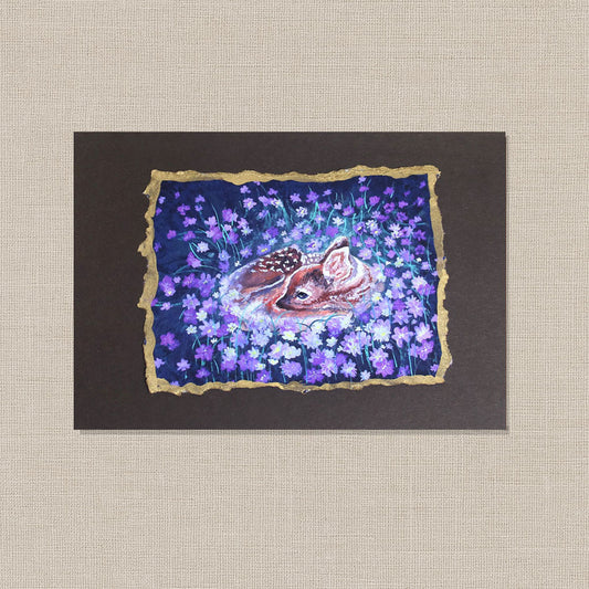 Baby Deer Among the Violets – Hand-Deckled Artisan Mini Print