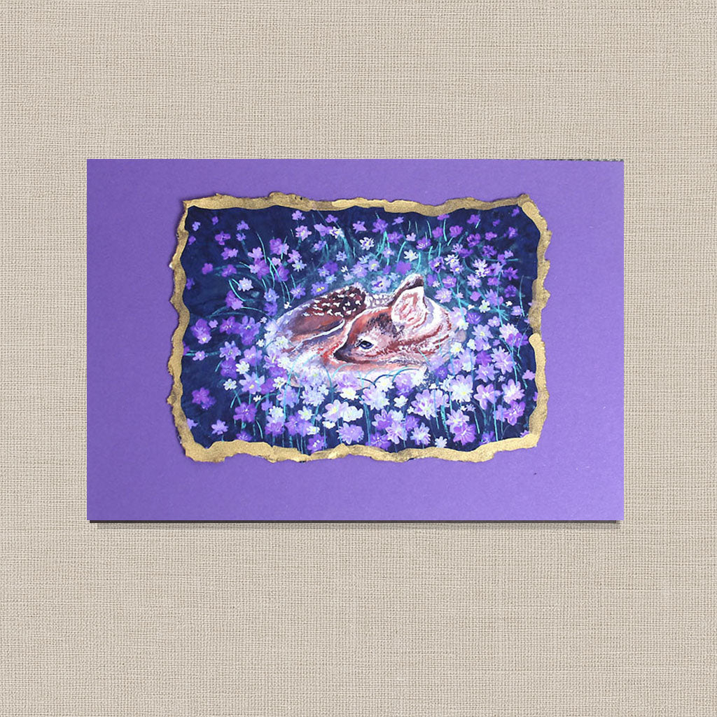 Baby Deer Among the Violets – Hand-Deckled Artisan Mini Print