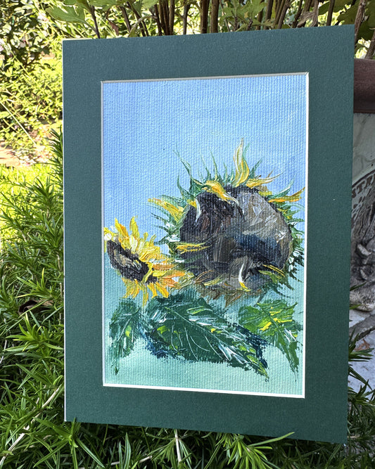 Sunflowers oil miniature painting in a frame