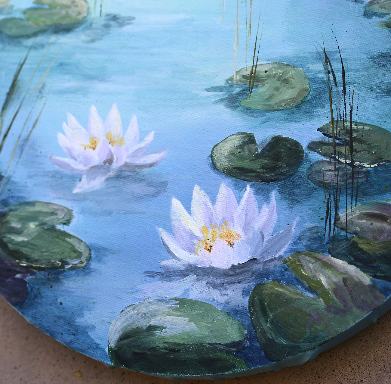 Original circle waterlilies pond blue painting