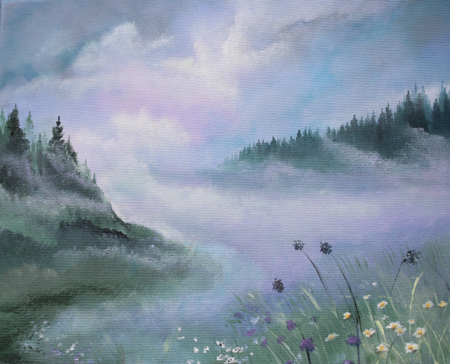 Blue landscape original painting with wildflowers by korolevaart