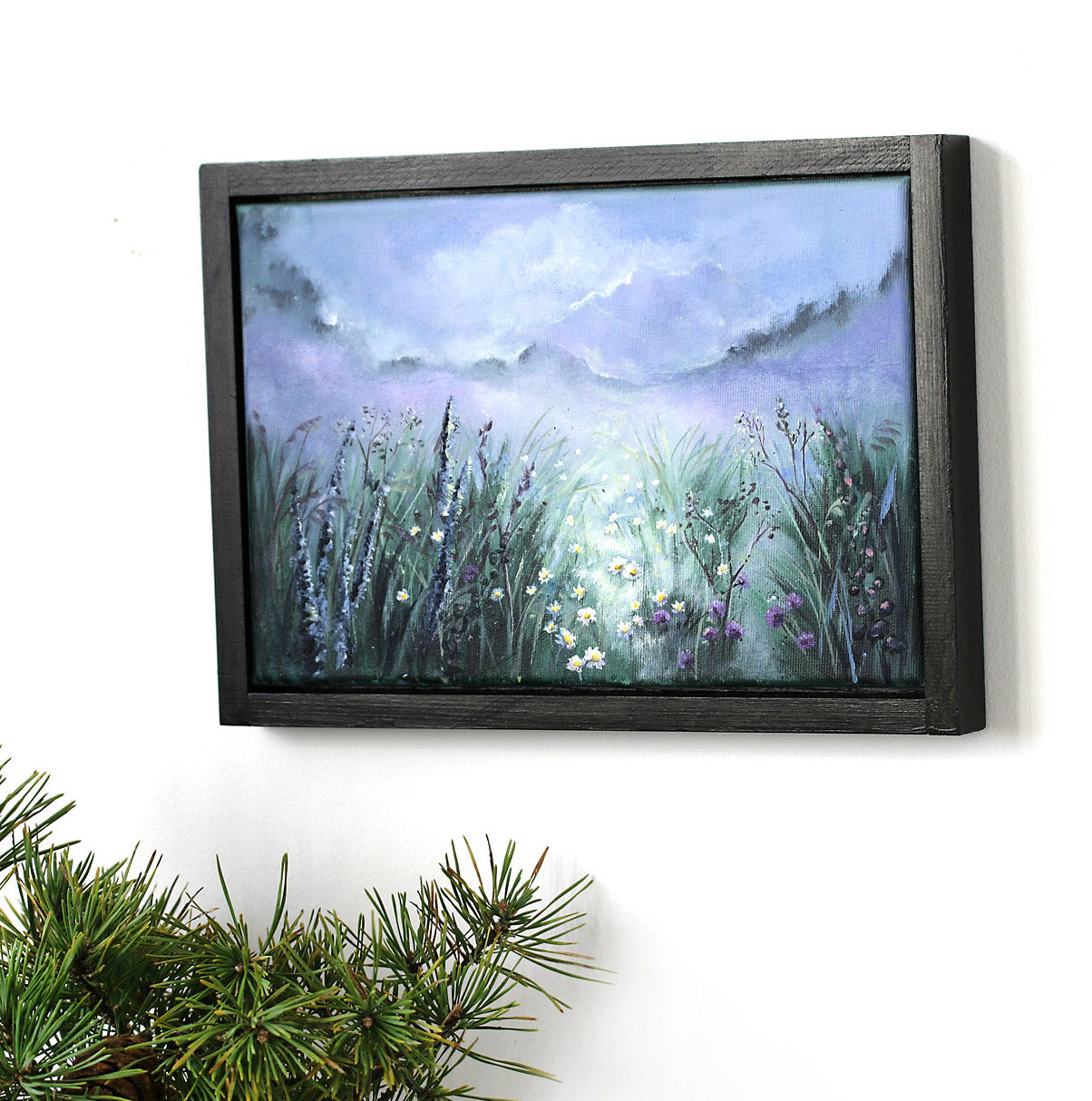 Blue wildflower field original painting black wooden frame