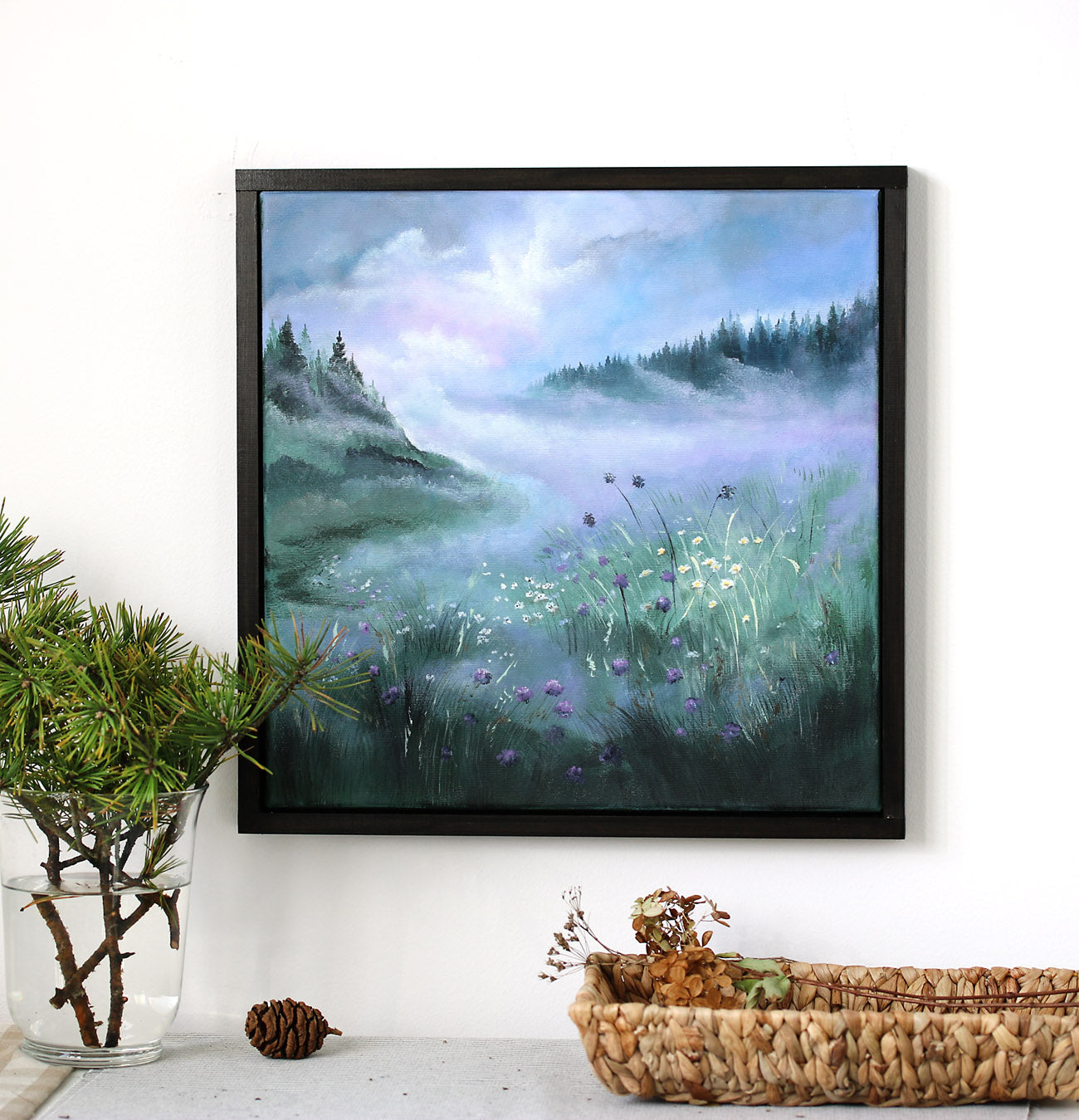 Blue landscape original painting with wildflowers by korolevaart