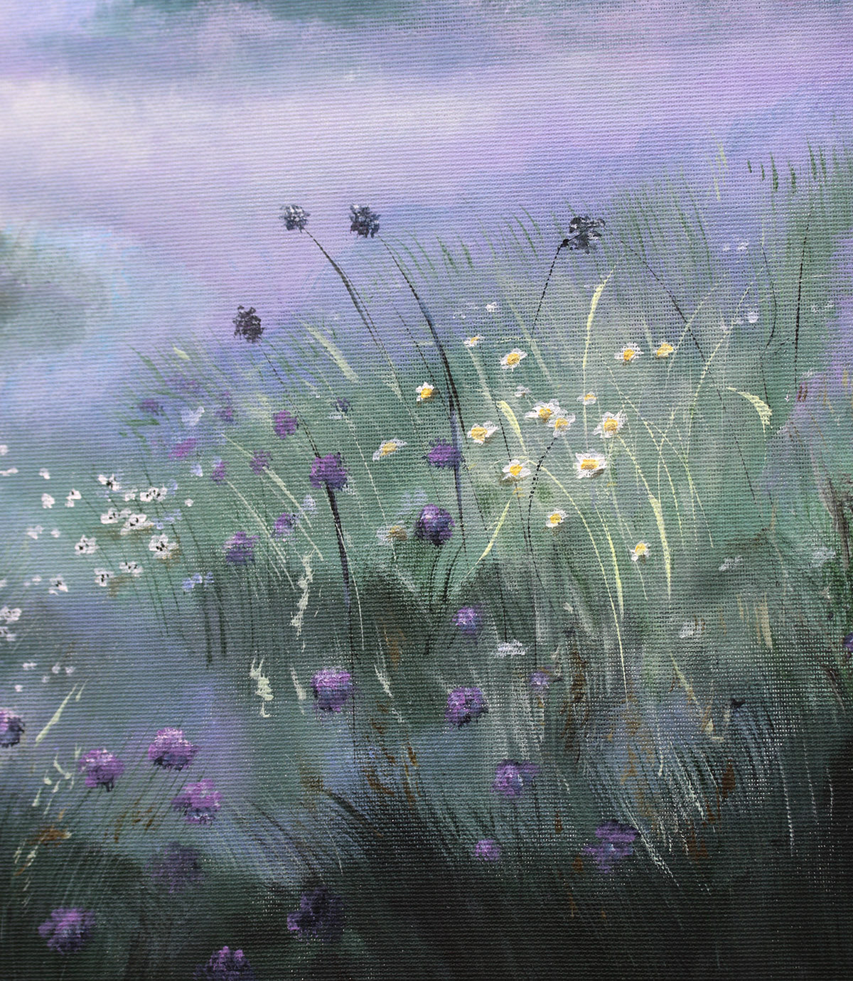 Blue landscape original painting with wildflowers by korolevaart