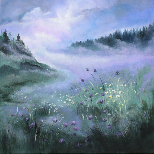 Blue landscape original painting with wildflowers by korolevaart