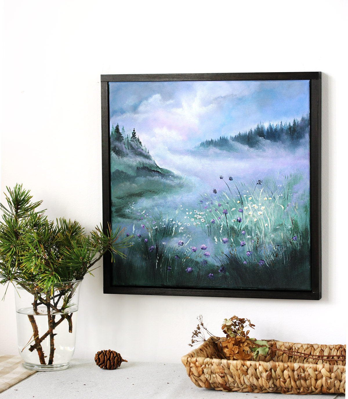 Blue landscape original painting with wildflowers by korolevaart