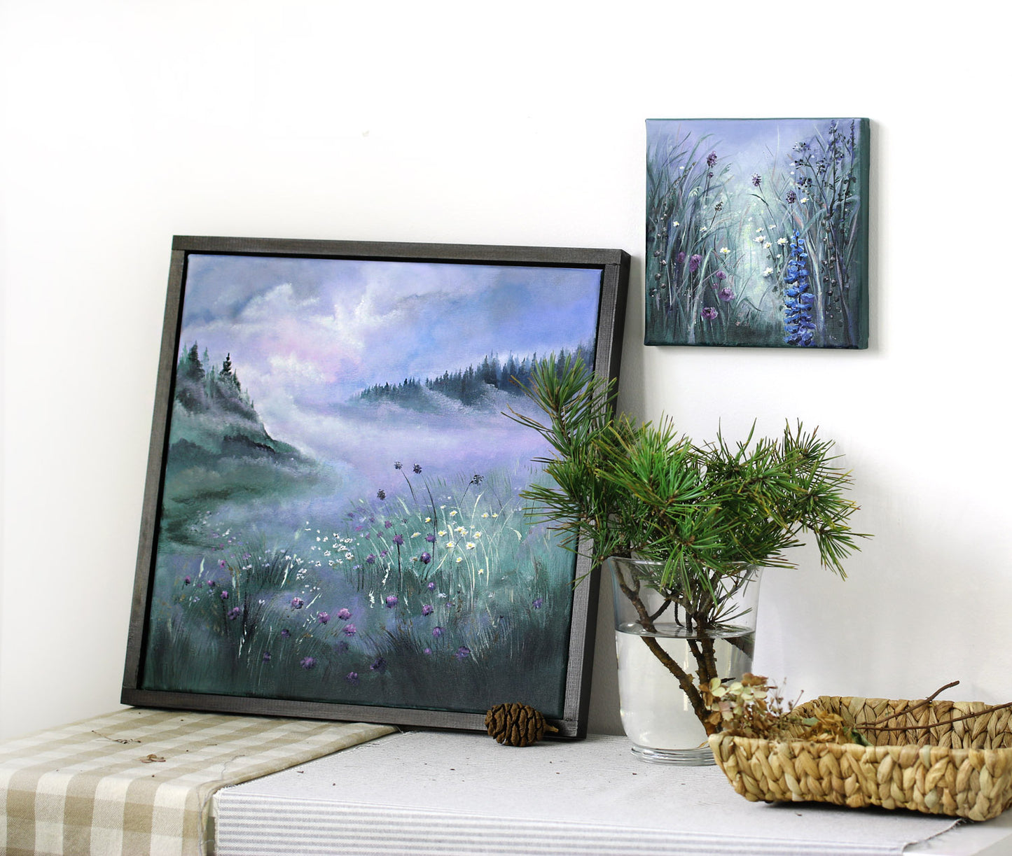 Blue landscape original painting with wildflowers by korolevaart