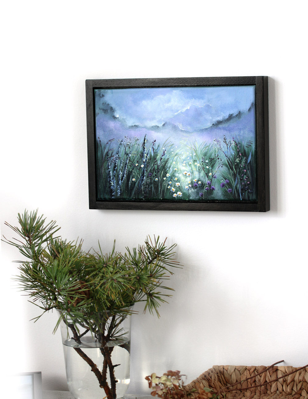 Blue wildflower field original painting black wooden frame