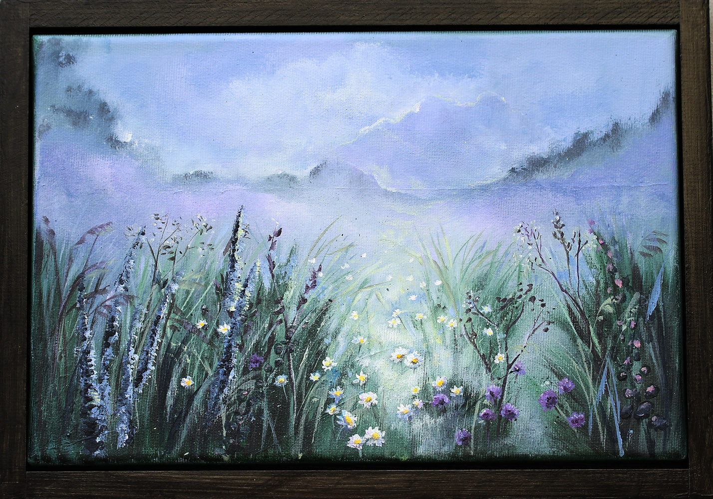 Blue wildflower field original painting black wooden frame