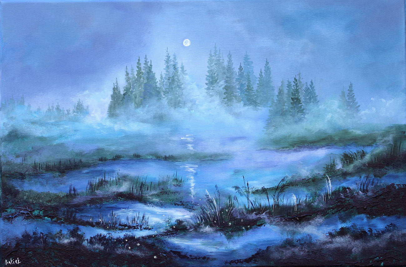 Painting of a serene landscape with a moonlit lake and trees.