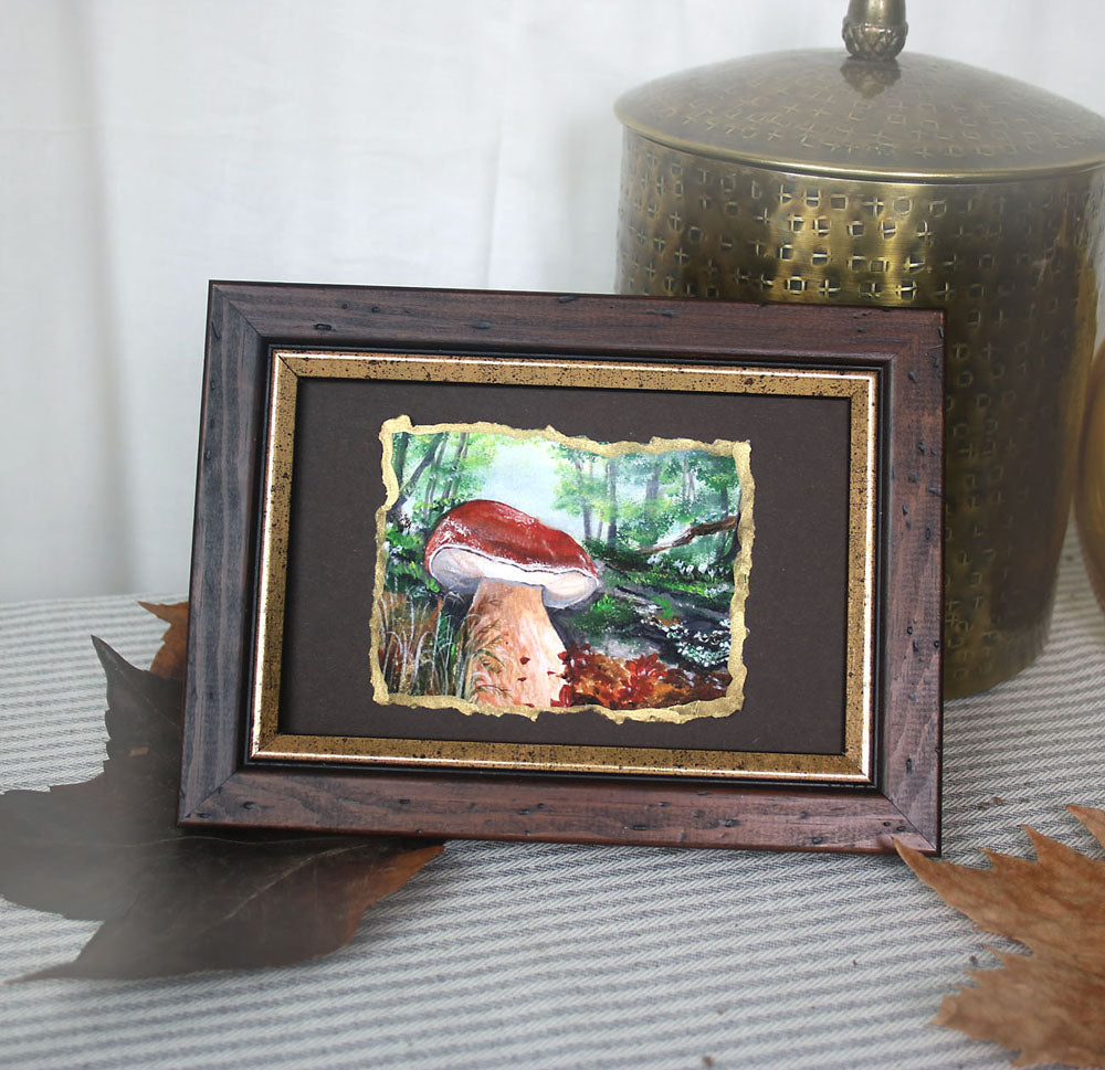 Framed artwork of boletus mushroom print