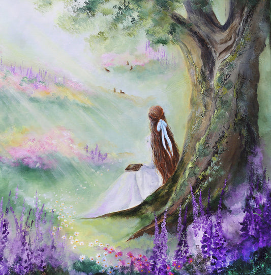 Painting of a woman sitting under a tree in a colorful landscape