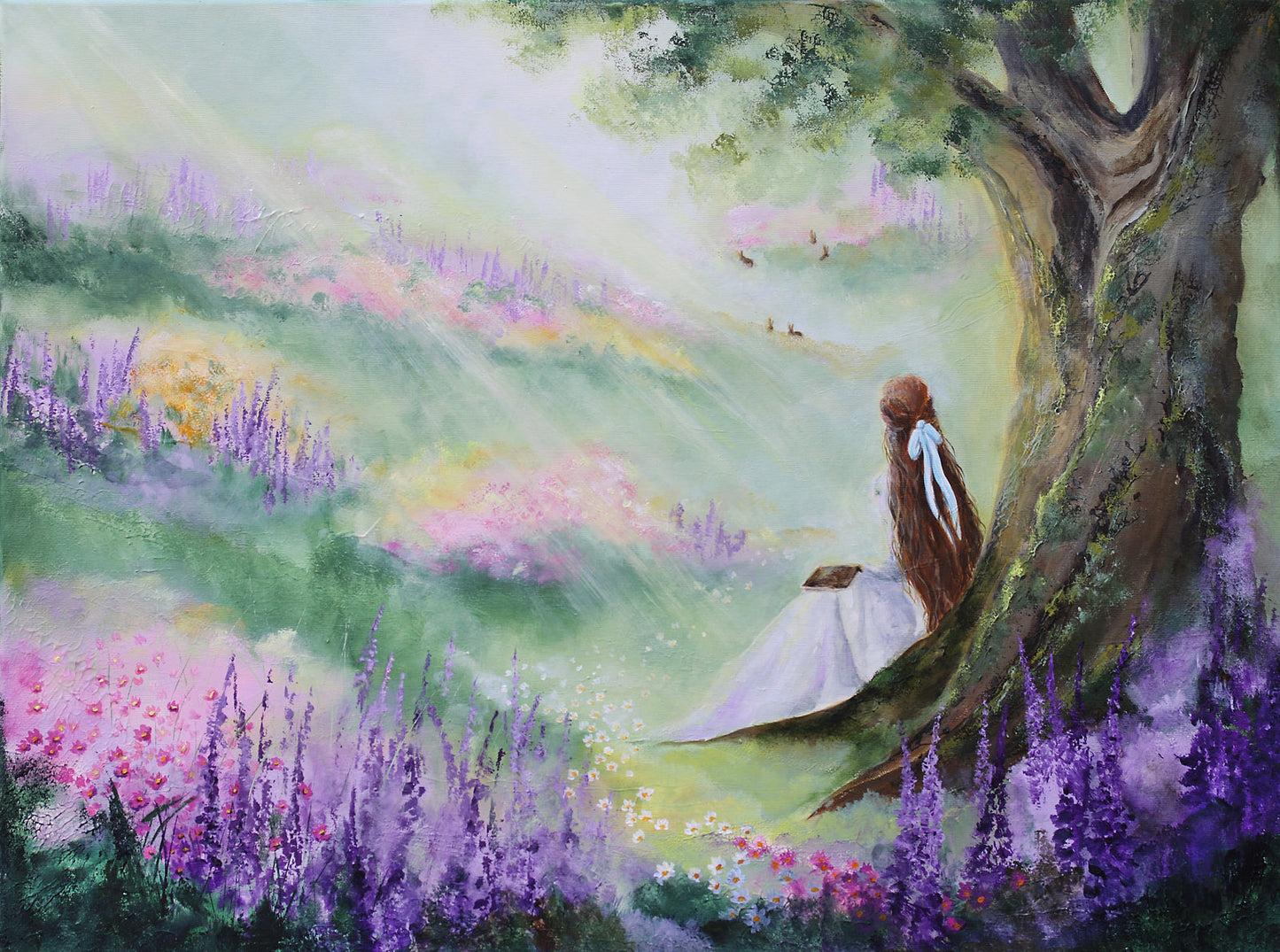 Woman sitting under a tree in a colorful landscape with flowers and hills