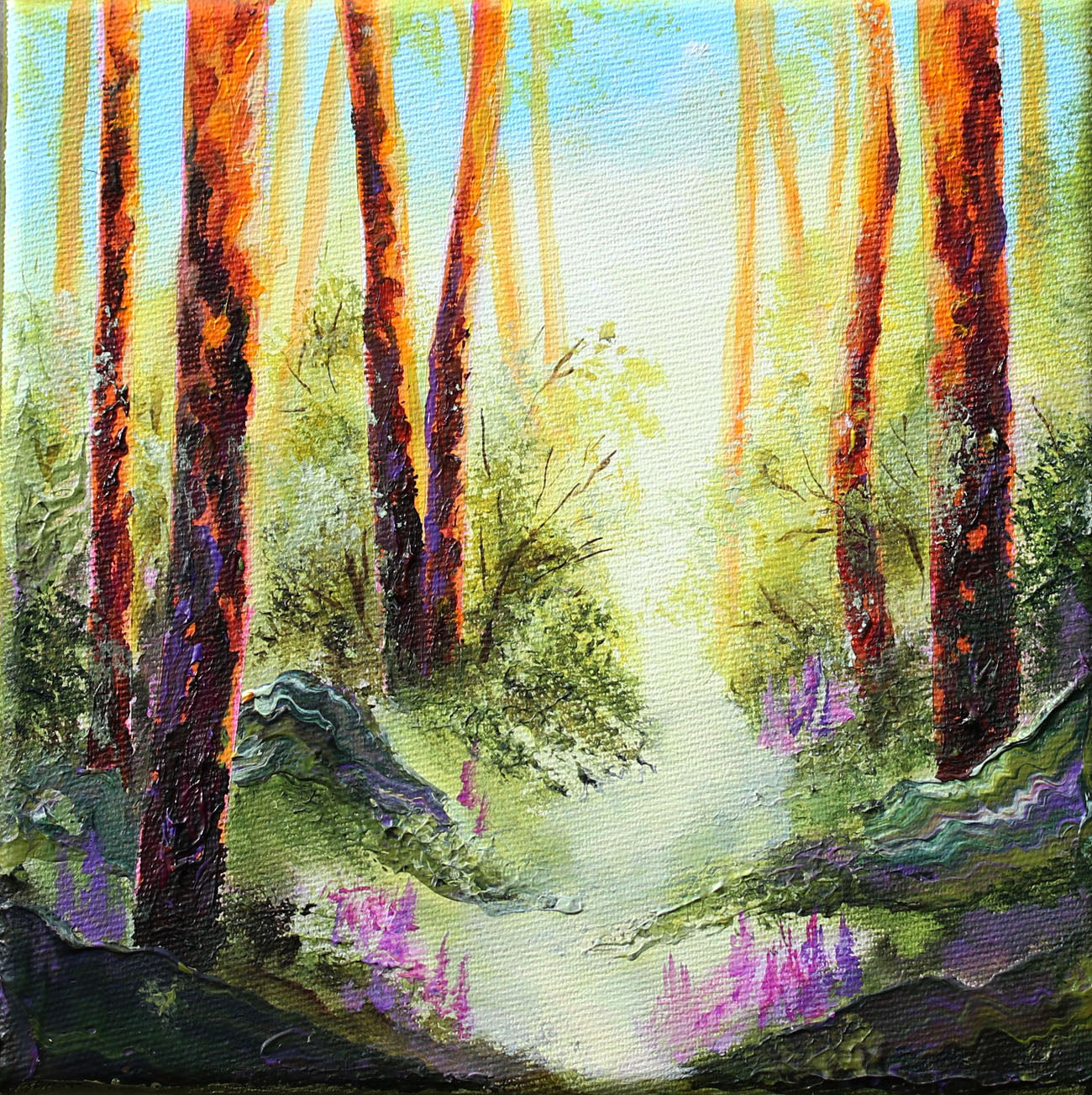 A textured oil painting of a forest scene with tall reddish-brown tree trunks, green foliage, a bright glowing light source in the distance, and purple flowers along a winding path.