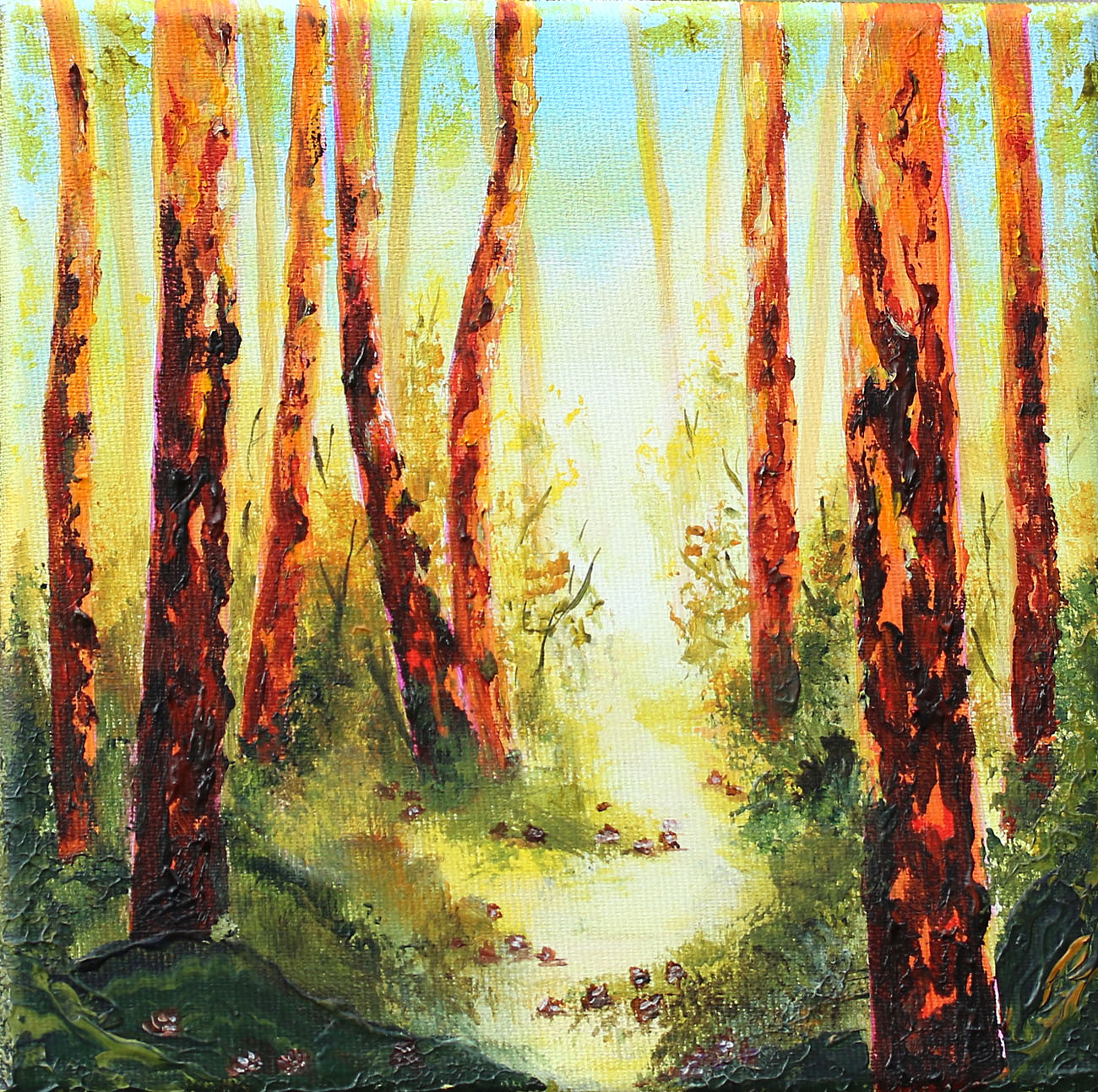 An impressionistic oil painting of a sunlit forest path with tall reddish-brown tree trunks and green undergrowth, rendered in warm yellow and cream tones.
